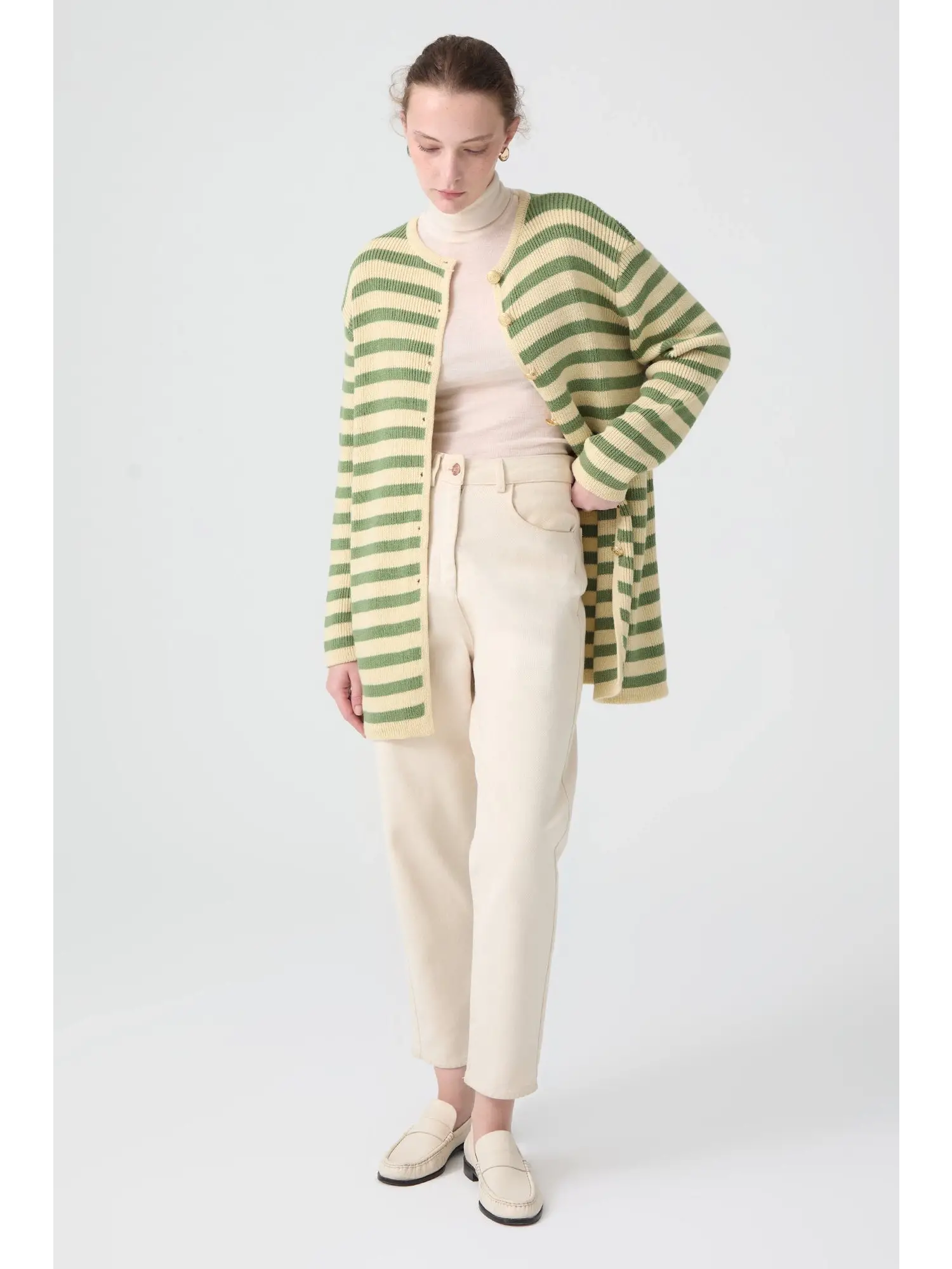 Touche Gold Düğmeli Çizgili Uzun Hırka 23F1XD166