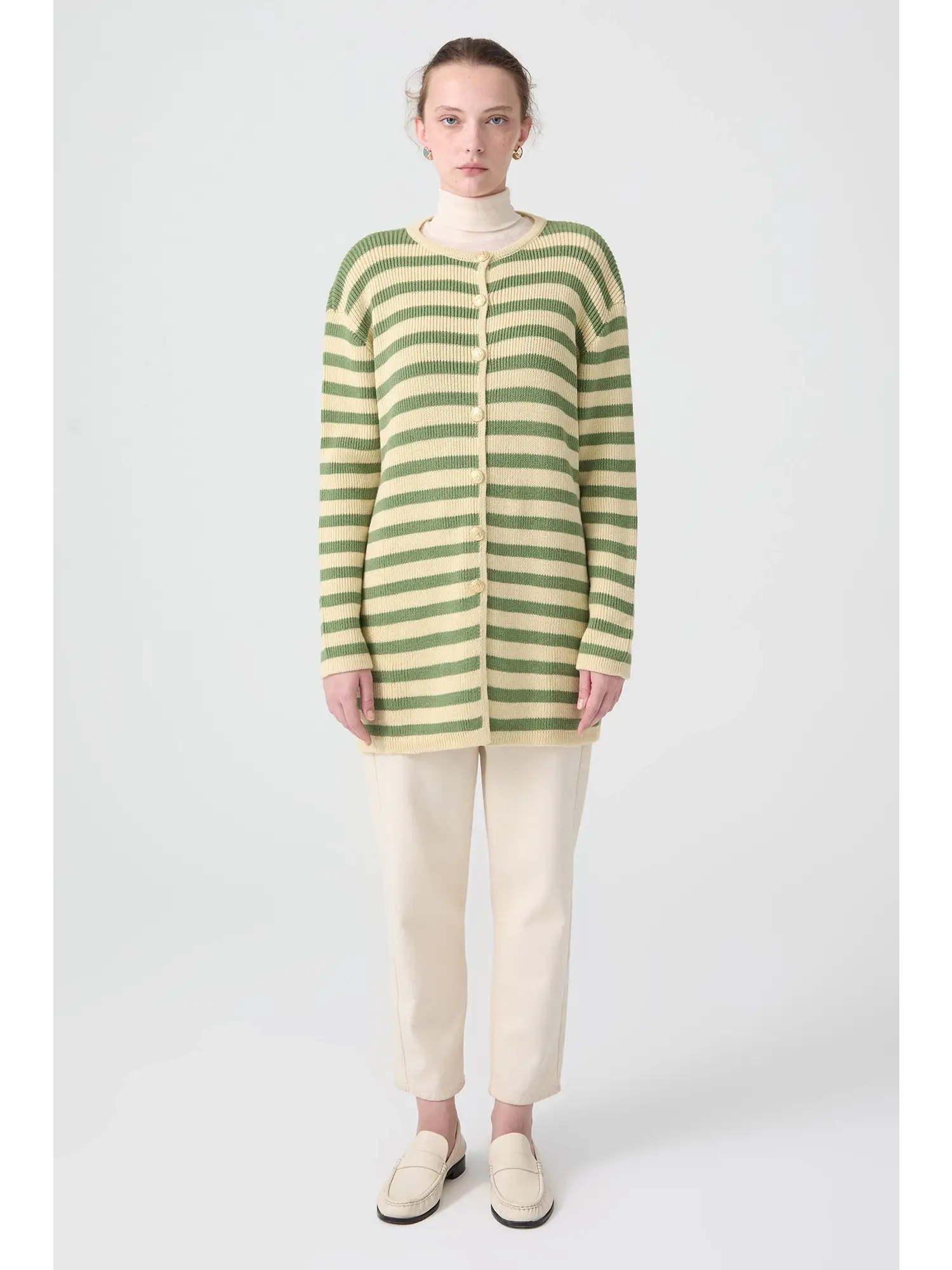 Touche Gold Düğmeli Çizgili Uzun Hırka 23F1XD166