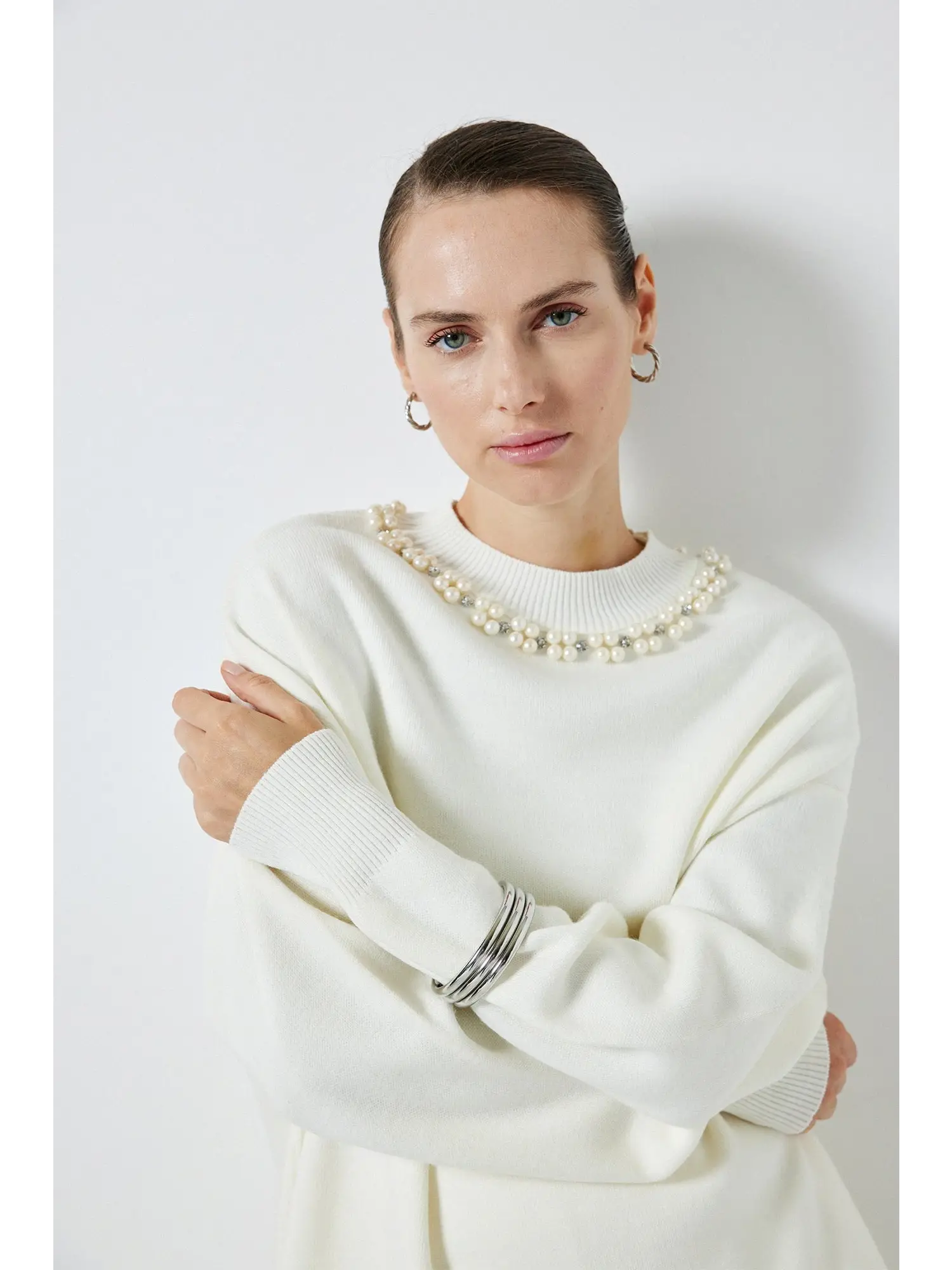 Touche Yakası İncili Triko Kazak 24F1XD053