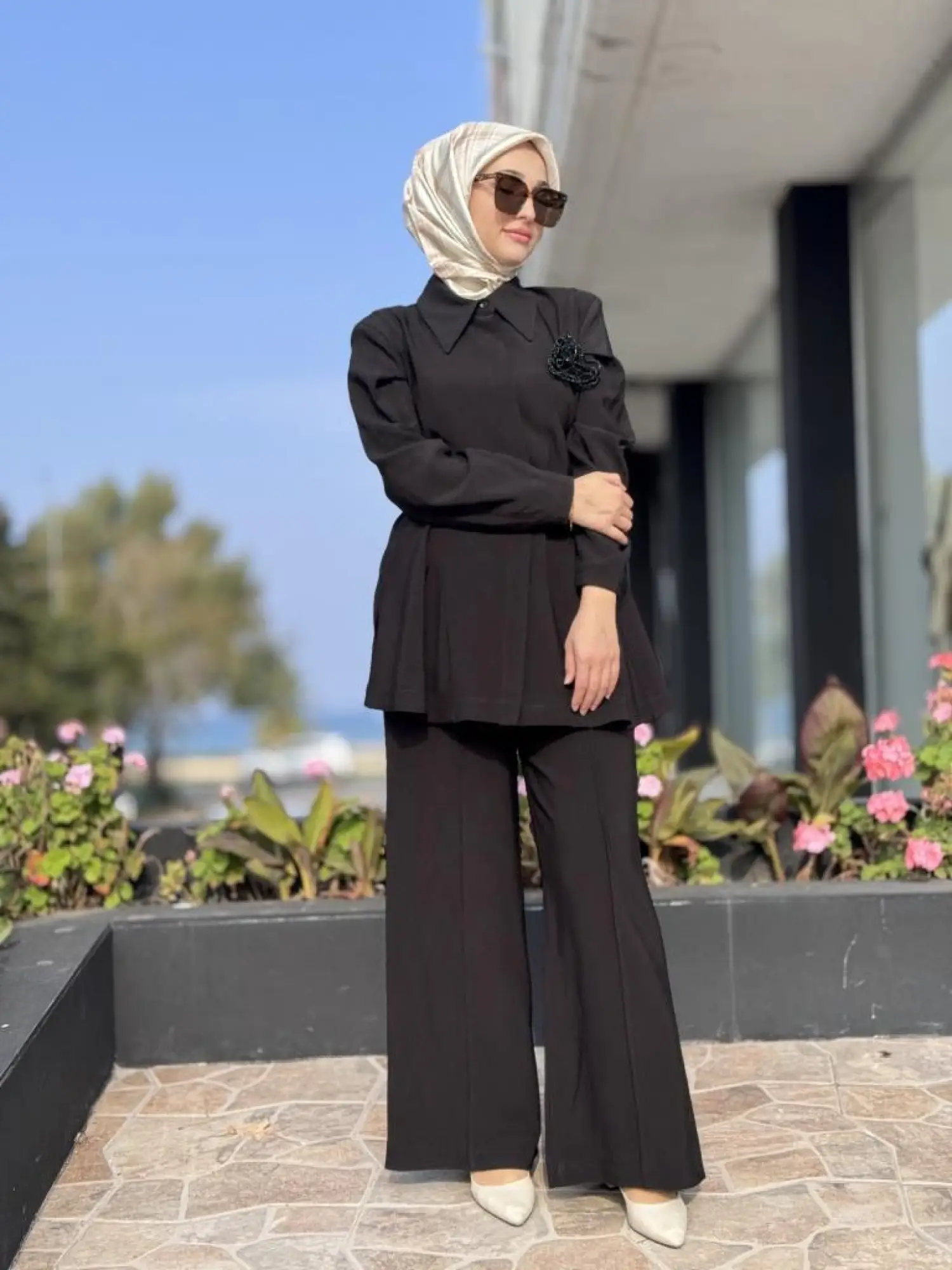 Vuu Dokulu Kuplu Peplum Gömlek Palazzo Pantolon Takım