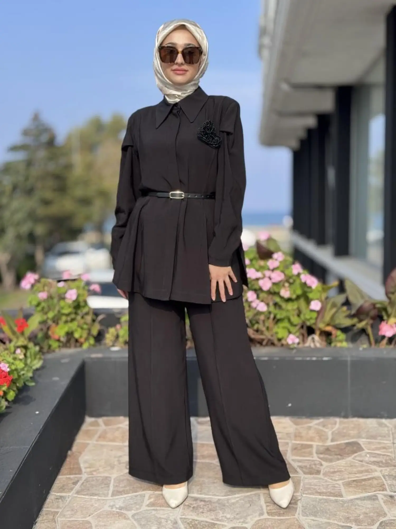 Vuu Dokulu Kuplu Peplum Gömlek Palazzo Pantolon Takım