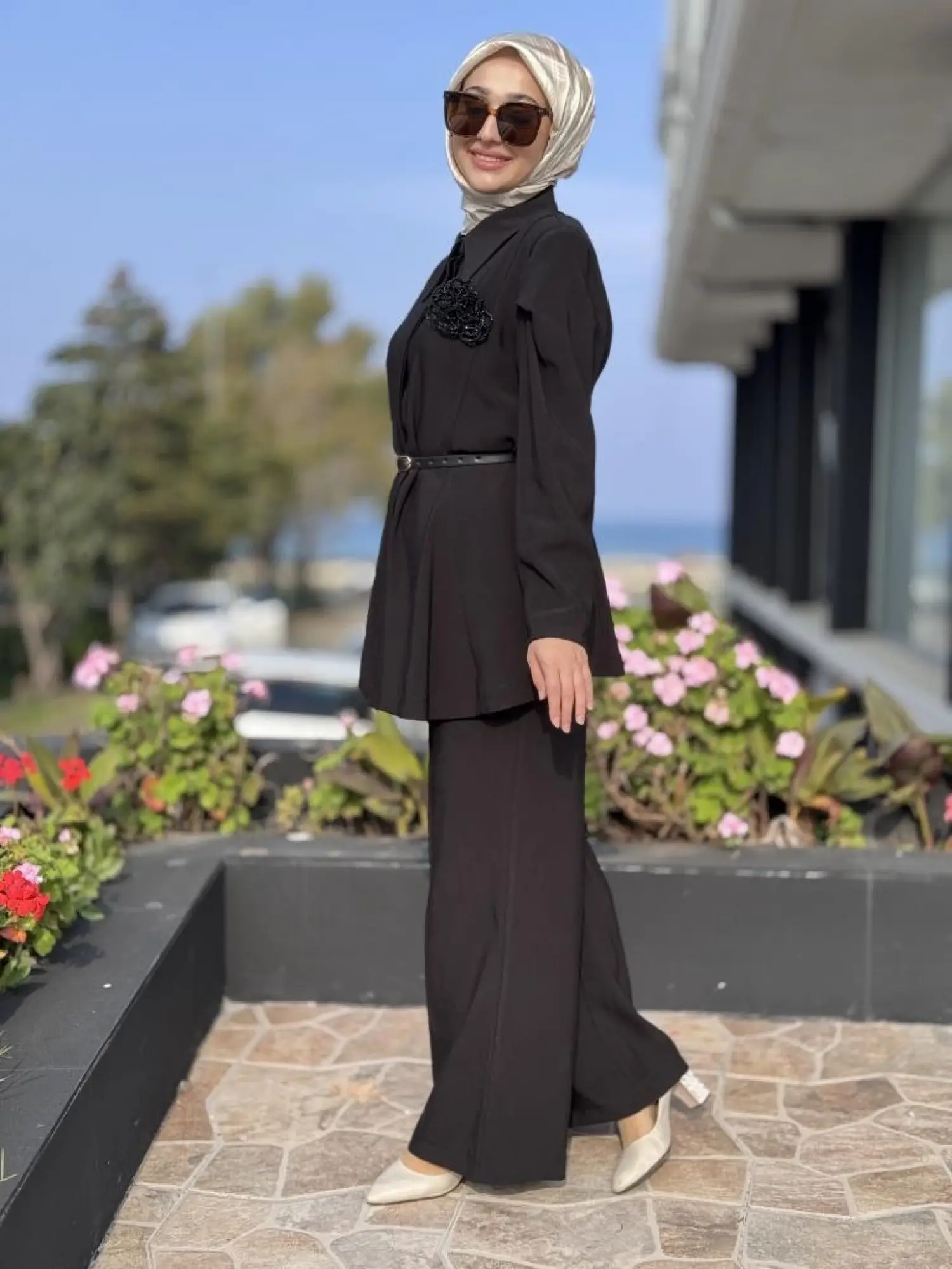 Vuu Dokulu Kuplu Peplum Gömlek Palazzo Pantolon Takım