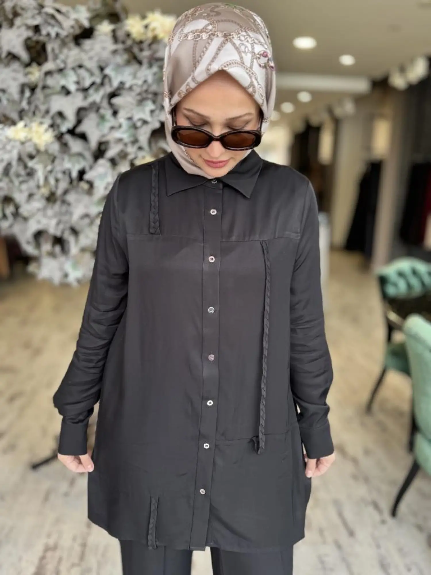 Vuu Pamuk Saten Siyah Gömlek-Pantolon Takım 24FW9V043