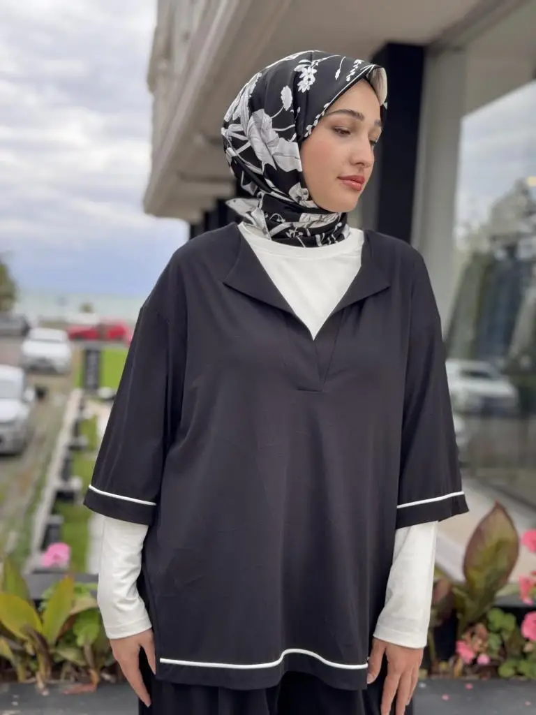 Almarwah Kontrast Biyeli Şalvarlı 3 lü Takım 202945