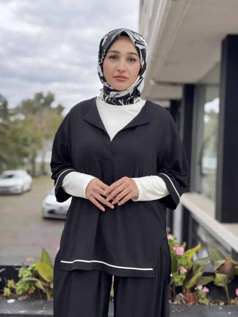 Almarwah Kontrast Biyeli Şalvarlı 3 lü Takım 202945