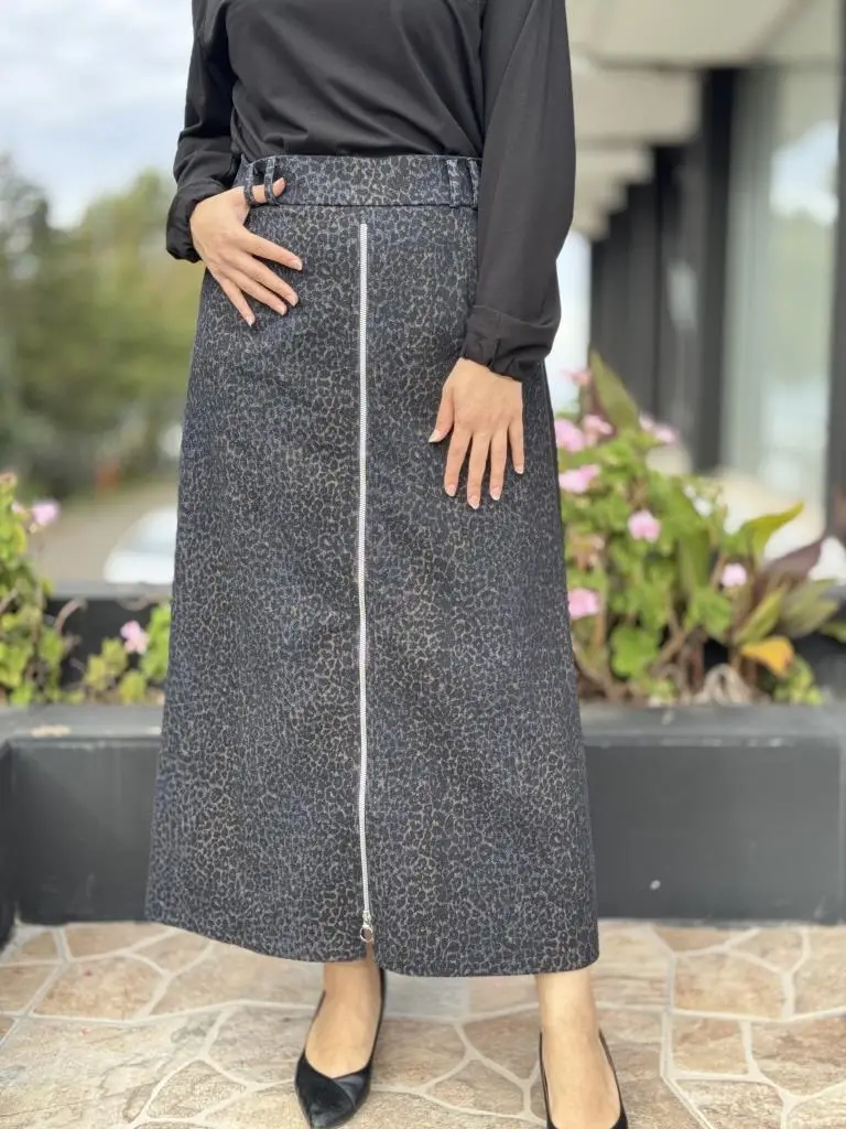 Ghisa Önü Leopar Desenli Fermauar Detaylı Çan Etek G5373