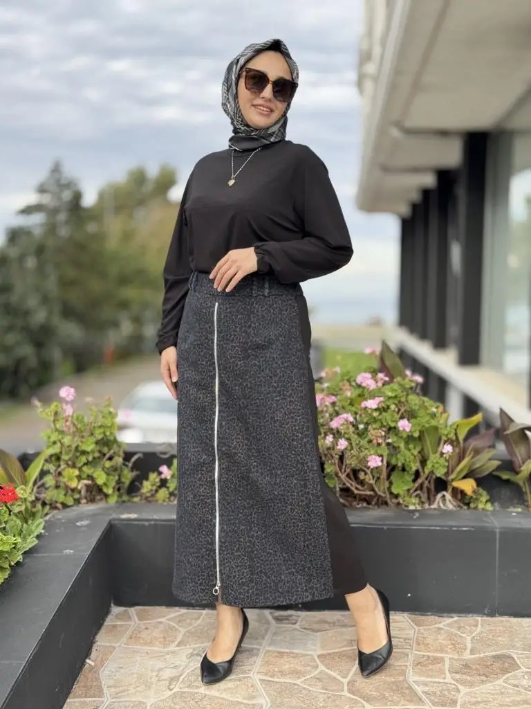 Ghisa Önü Leopar Desenli Fermauar Detaylı Çan Etek G5373