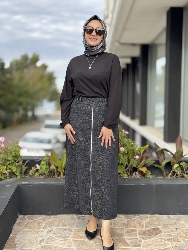 Ghisa Önü Leopar Desenli Fermauar Detaylı Çan Etek G5373