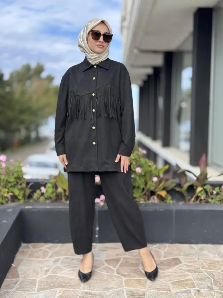 Ghisa Püskül ve Gold Düğme Detaylı Süet Gömlek Pantolon Takım G4119