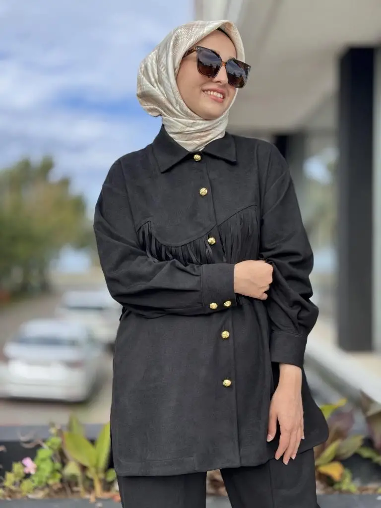 Ghisa Püskül ve Gold Düğme Detaylı Süet Gömlek Pantolon Takım G4119