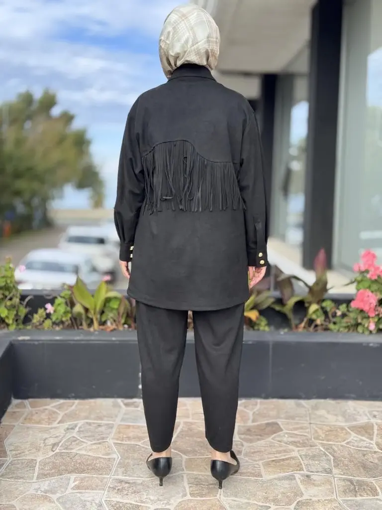 Ghisa Püskül ve Gold Düğme Detaylı Süet Gömlek Pantolon Takım G4119