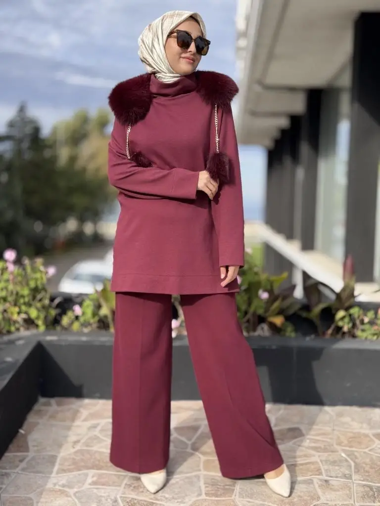 Qupra Seyyar Kürk Aksesuarlı Tunik Pantolon Takım WAC92054