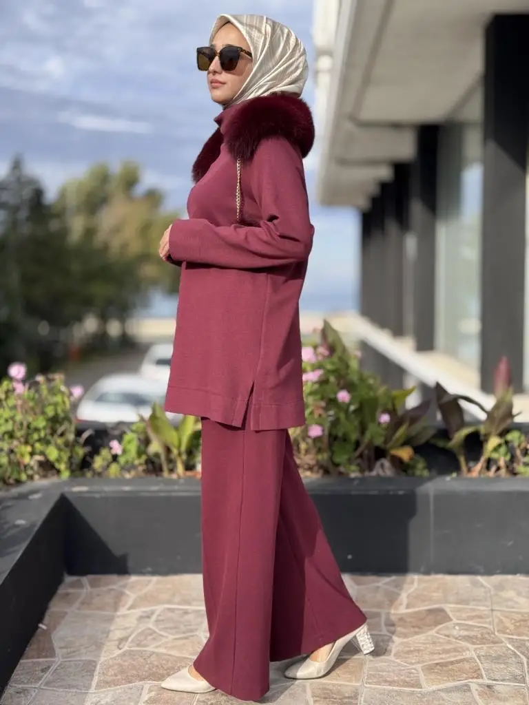 Qupra Seyyar Kürk Aksesuarlı Tunik Pantolon Takım WAC92054