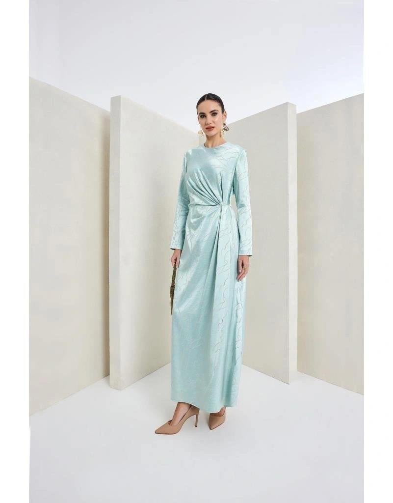 Almarwah Belden Büzgülü Saten Elbise 90474