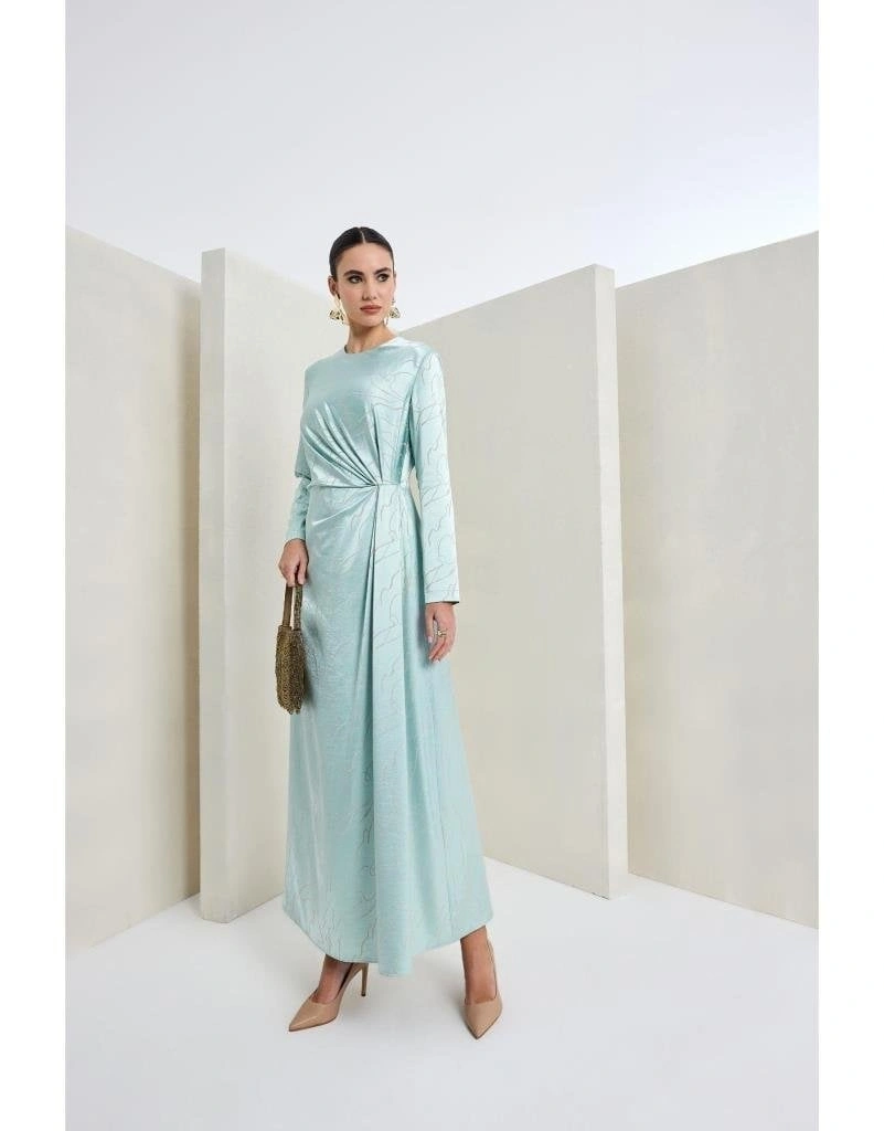 Almarwah Belden Büzgülü Saten Elbise 90474