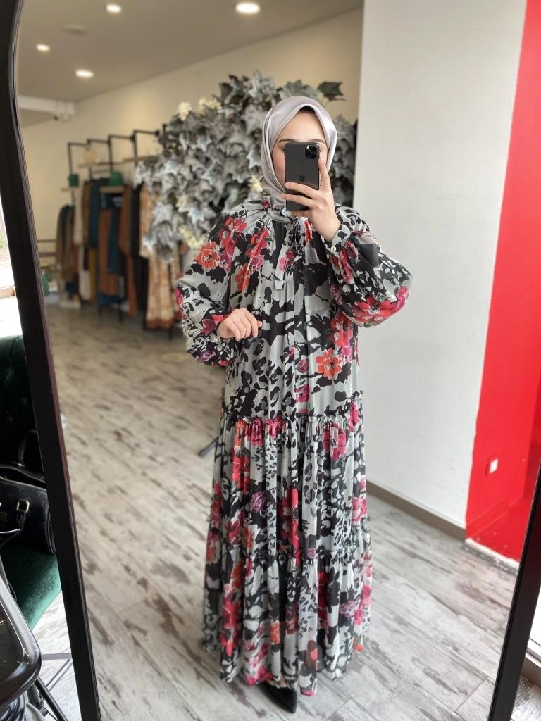 Almarwah Yakası Büzgülü Astarlı Şifon Elbise 303816