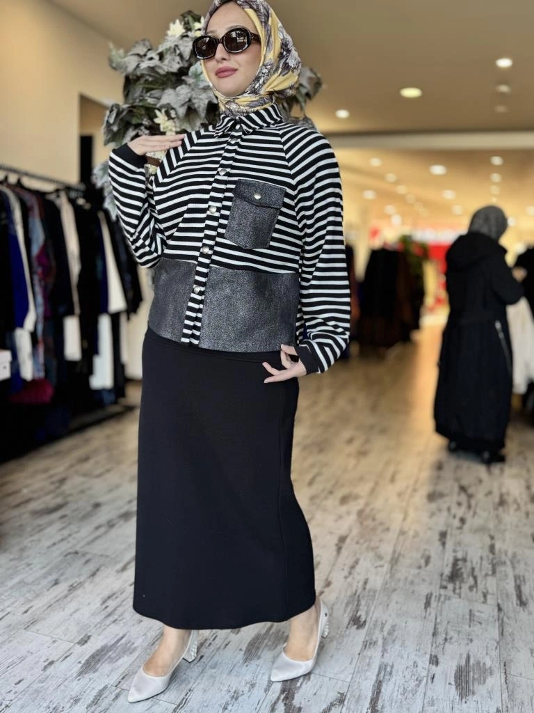 Ghisa Çizgili Çıtçıtlı Bluz Etek Takım G3015