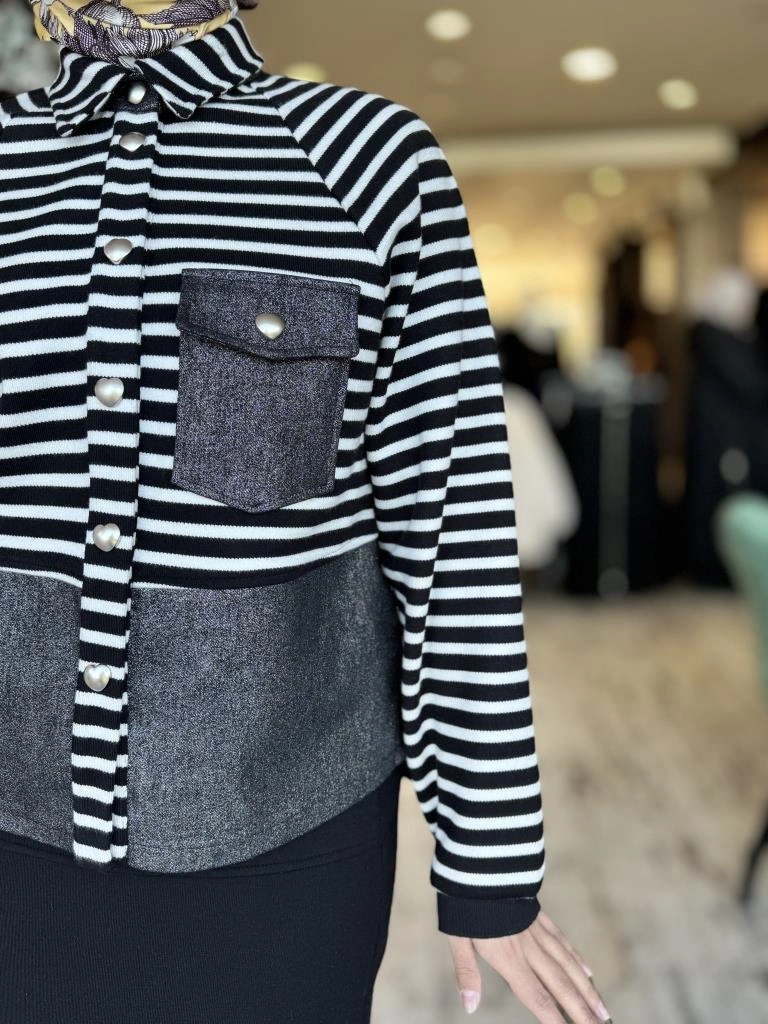 Ghisa Çizgili Çıtçıtlı Bluz Etek Takım G3015