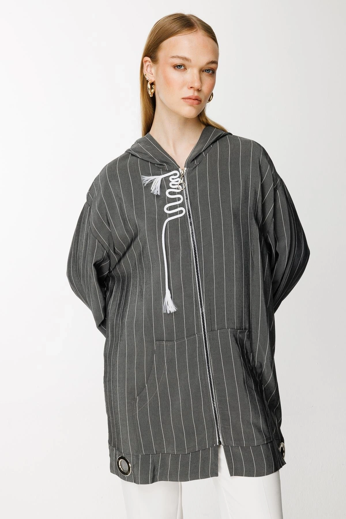 Ghisa Kapüşonlu Fermuarlı Çizgili Ceket 3868