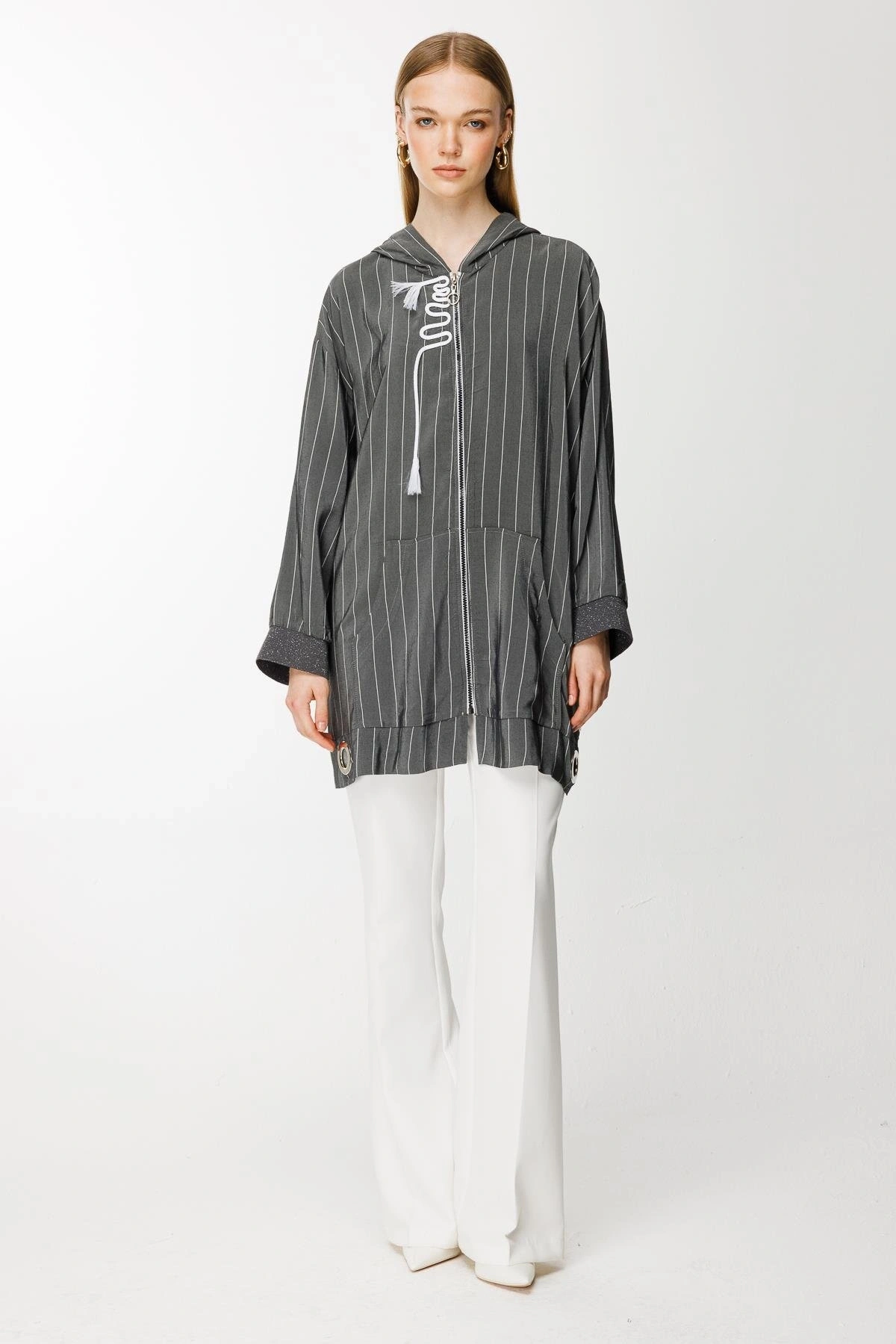 Ghisa Kapüşonlu Fermuarlı Çizgili Ceket 3868