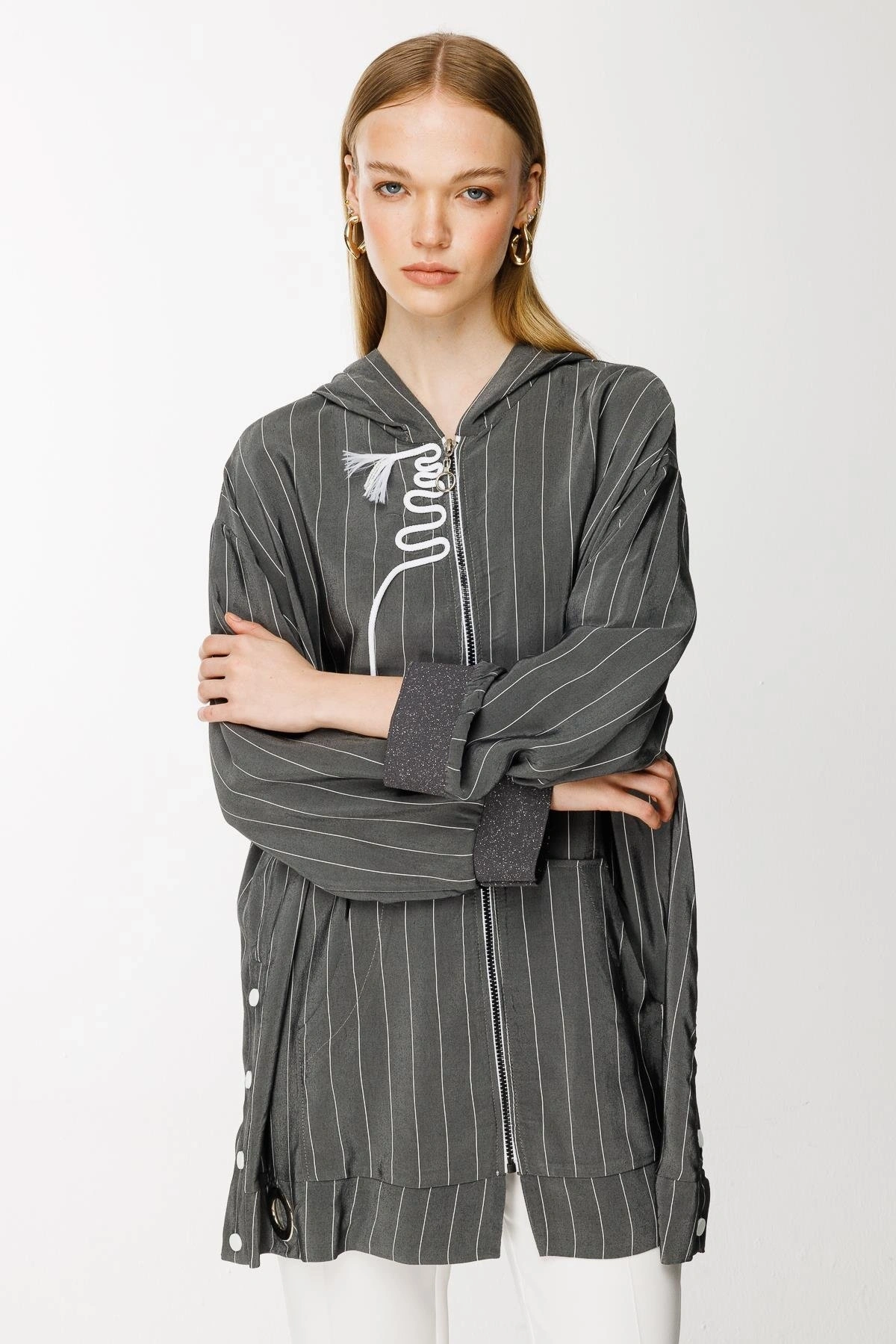 Ghisa Kapüşonlu Fermuarlı Çizgili Ceket 3868