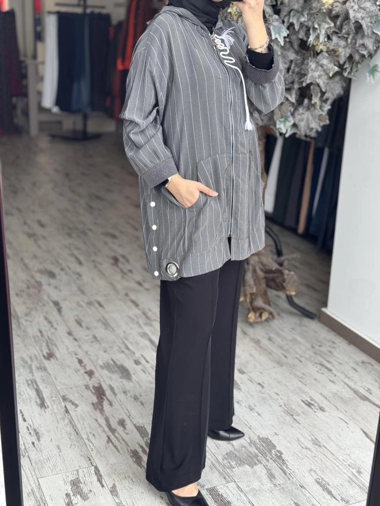 Ghisa Kapüşonlu Fermuarlı Çizgili Ceket 3868