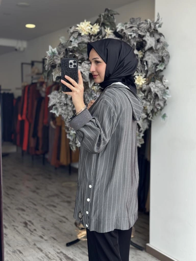 Ghisa Kapüşonlu Fermuarlı Çizgili Ceket 3868