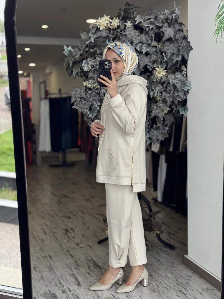 Gırasolem Luxury Kapüşonlu Yanları Fermuarlı Tunik Pantolon Takım