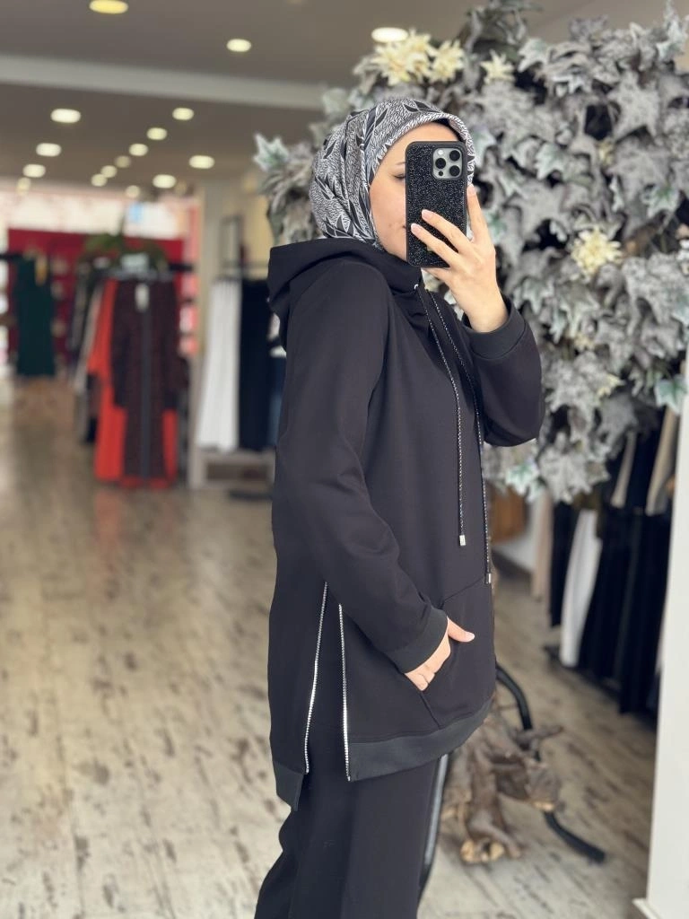 Gırasolem Luxury Kapüşonlu Yanları Fermuarlı Tunik Pantolon Takım