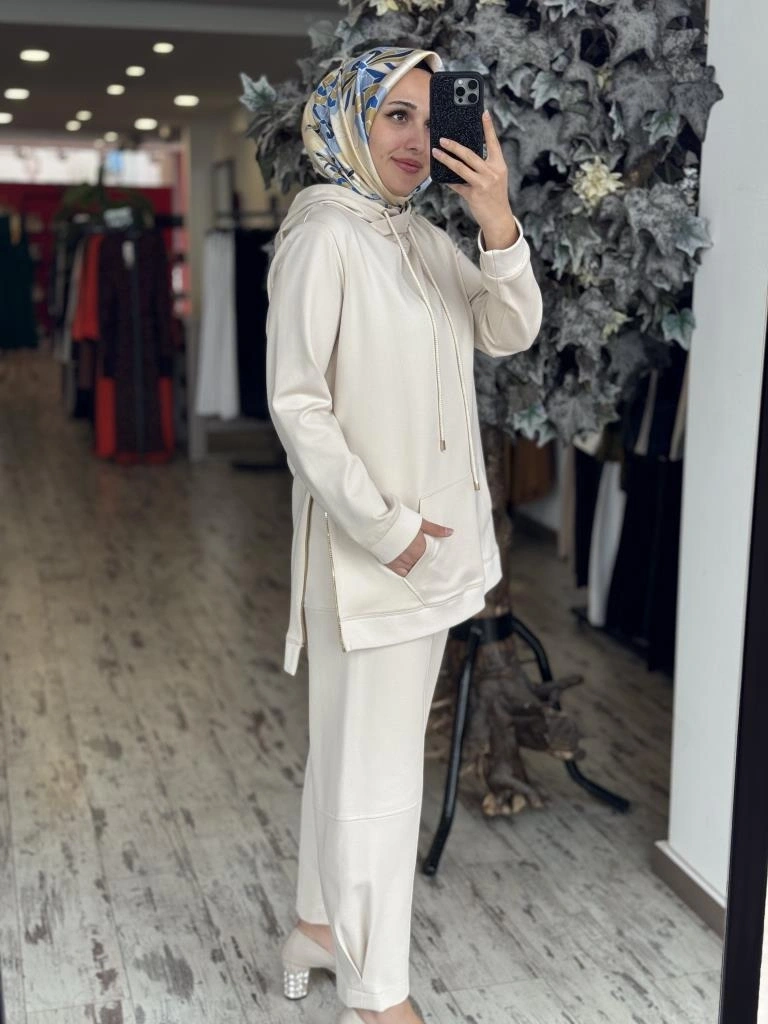 Gırasolem Luxury Kapüşonlu Yanları Fermuarlı Tunik Pantolon Takım