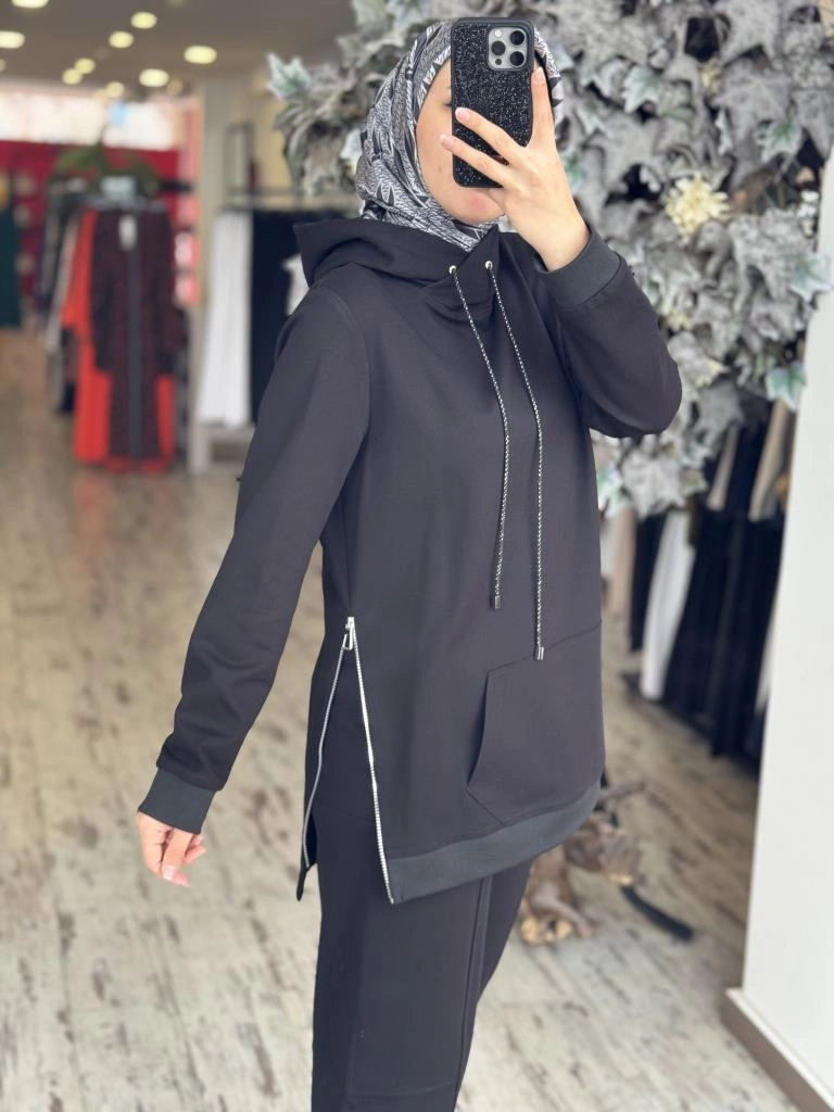 Gırasolem Luxury Kapüşonlu Yanları Fermuarlı Tunik Pantolon Takım