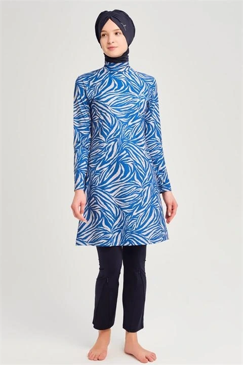 Haşema Belgin Çizgi Desenli Likralı Saks Tam Tesettür Mayo Üstü HSM3060