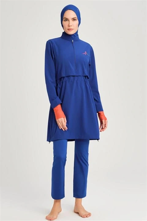 Haşema Esila Serisi 5 Parça Jileli Saks Tam Tesettür Mayo Takımı HSM2934