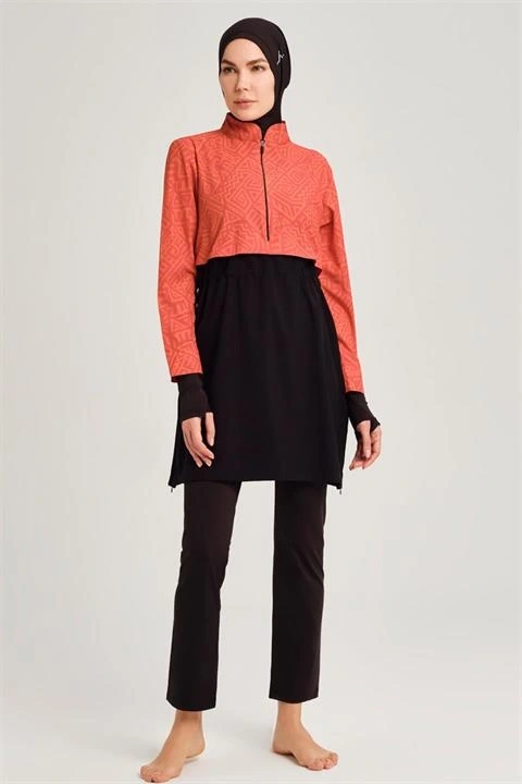 Haşema Esila Serisi 5 Parça Jileli Turuncu-Siyah Tam Tesettür Mayo Takımı HSM2934