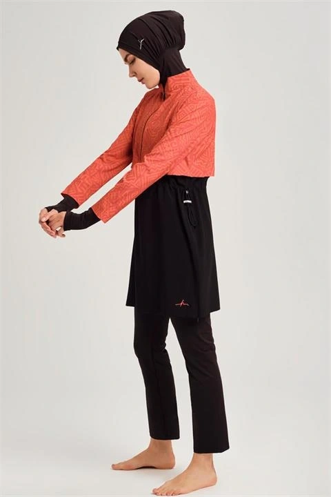 Haşema Esila Serisi 5 Parça Jileli Turuncu-Siyah Tam Tesettür Mayo Takımı HSM2934