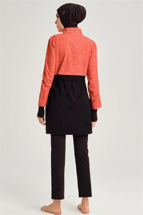 Haşema Esila Serisi 5 Parça Jileli Turuncu-Siyah Tam Tesettür Mayo Takımı HSM2934