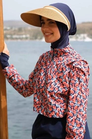 Haşema Esila Serisi Çiçek Desenli Kırmızı-Laci Tam Tesettür Tek Mayo Üstü HSM2934