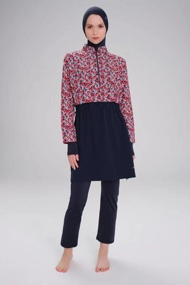 Haşema Esila Serisi Çiçek Desenli Kırmızı-Laci Tam Tesettür Tek Mayo Üstü HSM2934