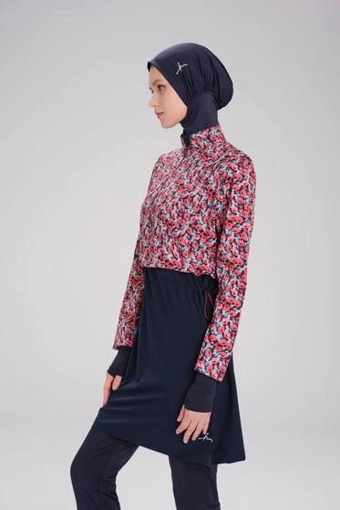 Haşema Esila Serisi Çiçek Desenli Kırmızı-Laci Tam Tesettür Tek Mayo Üstü HSM2934