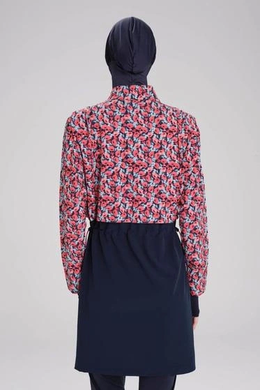 Haşema Esila Serisi Çiçek Desenli Kırmızı-Laci Tam Tesettür Tek Mayo Üstü HSM2934