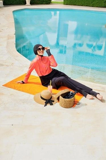 Haşema Esila Serisi Fuşya-Turuncu-Siyah Tam Tesettür Tek Mayo Üstü HSM2934