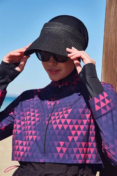 Haşema Esila Serisi Siyah-Fuşta Tam Tesettür Tek Mayo Üstü HSM2934