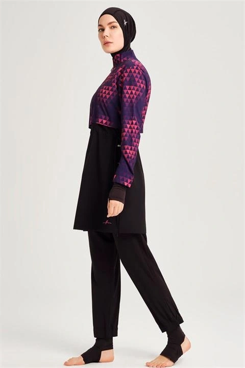 Haşema Esila Serisi Siyah-Fuşta Tam Tesettür Tek Mayo Üstü HSM2934