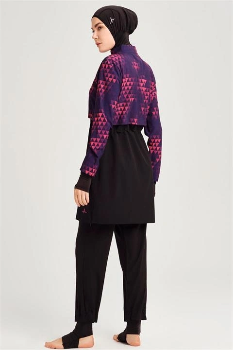 Haşema Esila Serisi Siyah-Fuşta Tam Tesettür Tek Mayo Üstü HSM2934