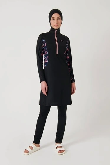 Haşema Flamingo Serisi Likralı 4 Parça Siyah-Pembe Tesettür Mayo HSM2920