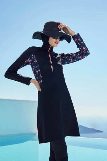 Haşema Flamingo Serisi Likralı 4 Parça Siyah-Pembe Tesettür Mayo HSM2920