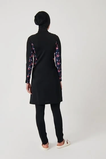 Haşema Flamingo Serisi Likralı 4 Parça Siyah-Pembe Tesettür Mayo HSM2920