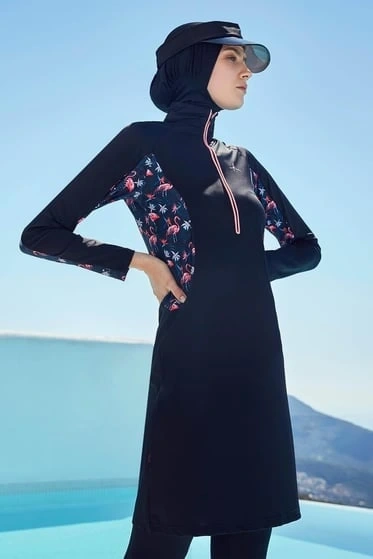 Haşema Flamingo Serisi Likralı 4 Parça Siyah-Pembe Tesettür Mayo HSM2920