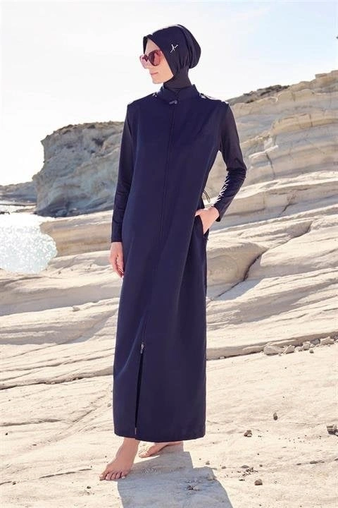 Haşema Tam Boy Jileli Siyah 4 Parça Tesettür Mayo Takımı HSM6021