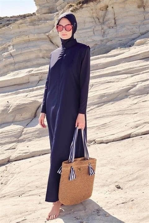 Haşema Tam Boy Jileli Siyah 4 Parça Tesettür Mayo Takımı HSM6021